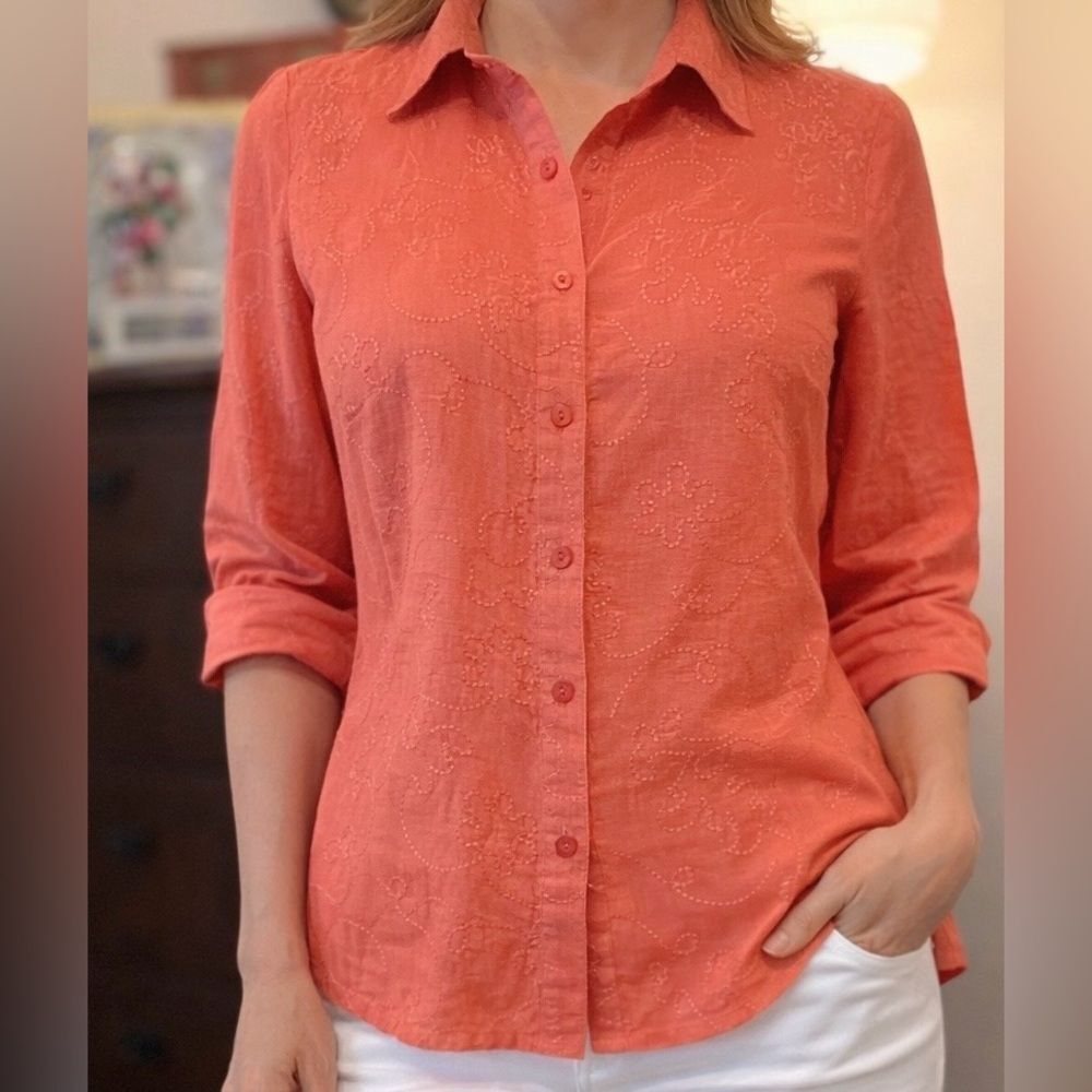 Carole Little 💯 Linen Coral Embroidered Button-Down Shirt